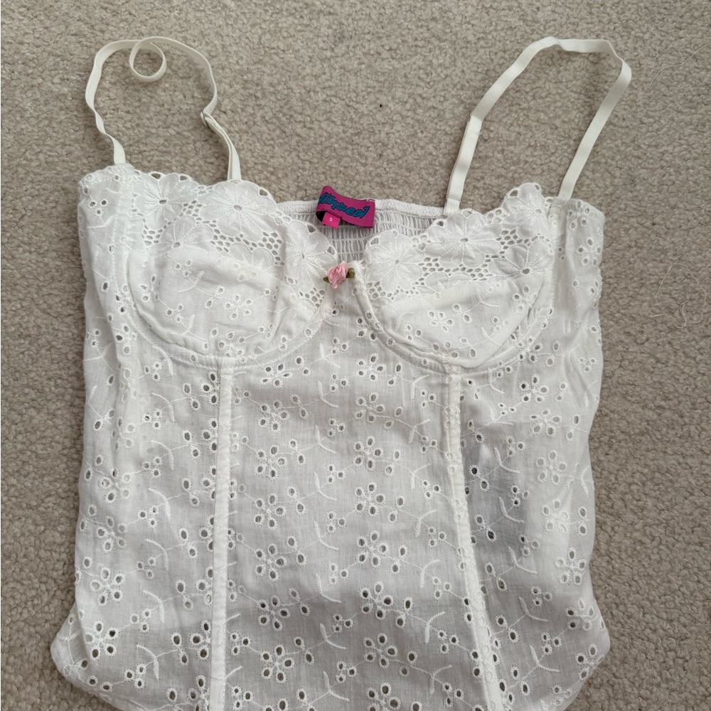 Edikted White Eyelet Lace Crop Top